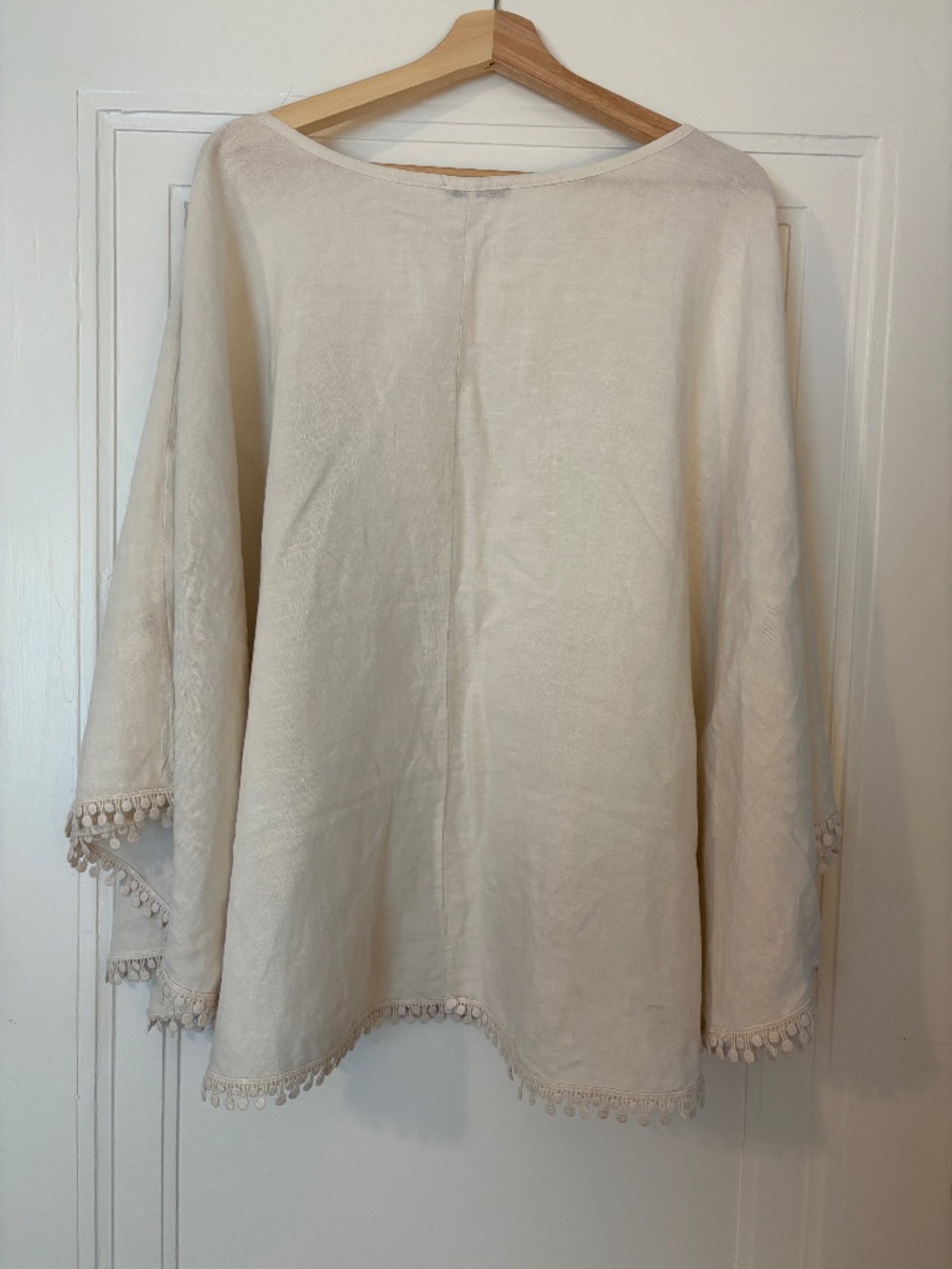 Elena Baldi® White Linen Poncho with Pom Pom Trim